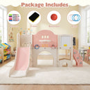 Pink kids slide activity playset with included markers, eraser, basketball and rings