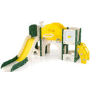 Yellow kids slide activity playset with telescope, basketball hoop and drawing board
