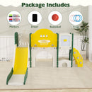 Yellow kids slide activity playset with included markers, eraser, basketball and rings