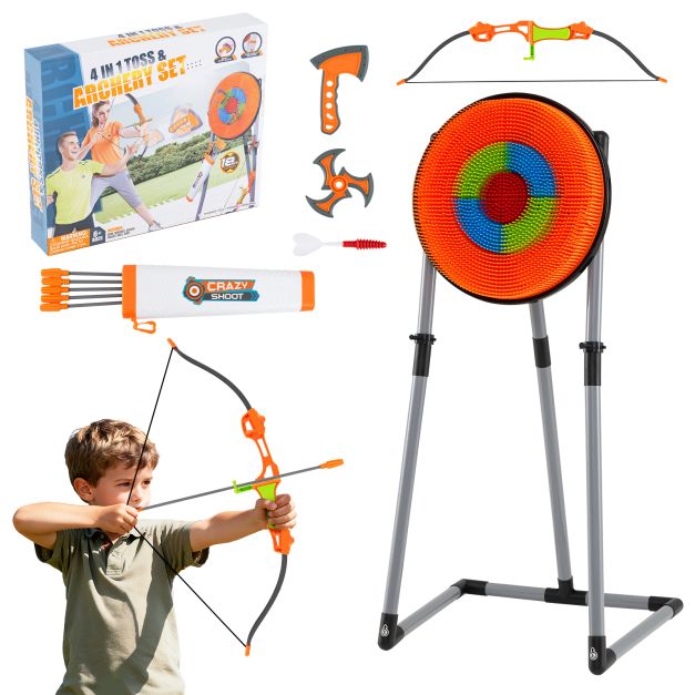Orange bristle target with toy throwing accessories and bow-and-arrow use illustration; accessory quantities follow listing details