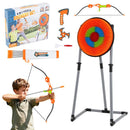 Orange bristle target with toy throwing accessories and bow-and-arrow use illustration; accessory quantities follow listing details