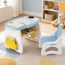 Blue and white drawing desk and chair in a playroom