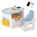 Blue and white table with chair, four markers, eraser and storage props