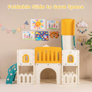 Orange playset with slide folded upright for storage