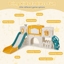 Orange playset activity features including whiteboard, telescope and crawling tunnel