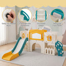 Orange playset showing handrails, enclosed steps and foot pads
