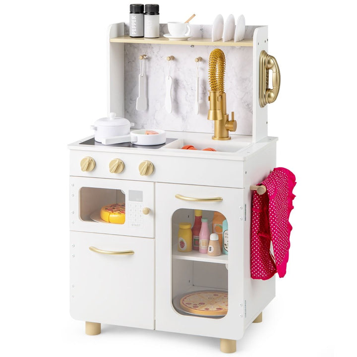 White Wooden Play Kitchen with Pull-Down Tap and Toy Telephone, White, view 6