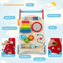 Wooden Activity Push Toy with Mirror and Shape Sorter, Ages 3+ – front and side activities