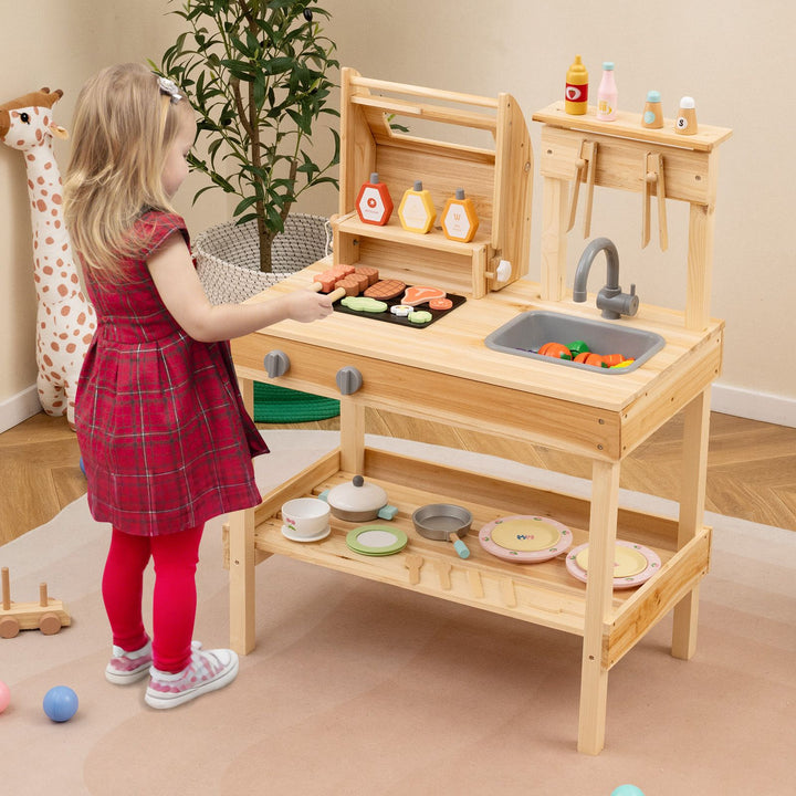 Wooden Barbecue Grill Playset with Sink and Play Food – Natural product view 1