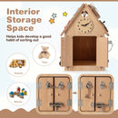 Wooden Busy House with Activity Panels and Storage – opening door and internal storage