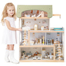 Wooden Dollhouse with Balcony, Pretend Pool and Furniture – Light Green product view 4