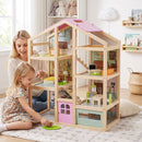 Wooden Dollhouse with Garage, Furniture and Three Figures – Pink product view 2