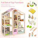 Wooden Dollhouse with Garage, Furniture and Three Figures – Pink product view 7