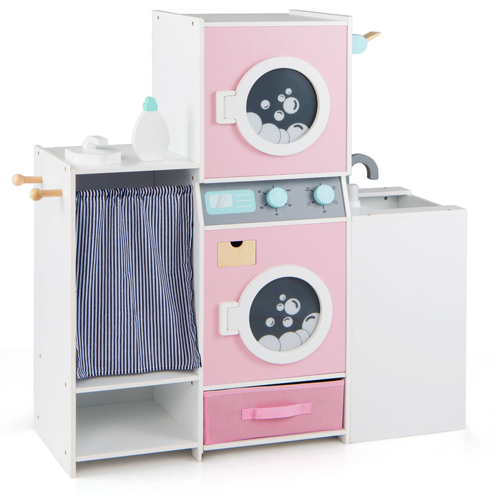 Wooden Laundry Pretend Play Set with Iron and Hangers – complete laundry station