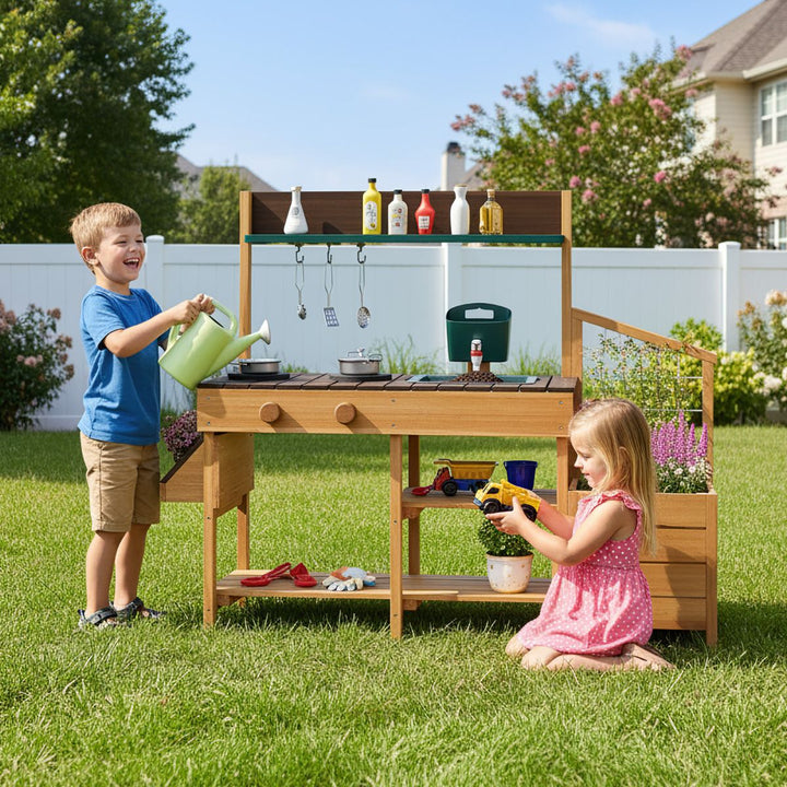 Wooden Mud Kitchen with Planter Boxes and Trellis – Brown view 1
