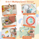 Play kitchen, clock, shape sorter, food slider and storage details