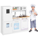 Wooden Play Kitchen with Cookware and Chalkboard – kitchen beside child