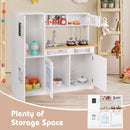 Wooden Play Kitchen with Cookware and Chalkboard – open storage cupboards