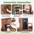 Ordering magnets, grill crank, pretend coffee maker and menu board on the wooden food cart
