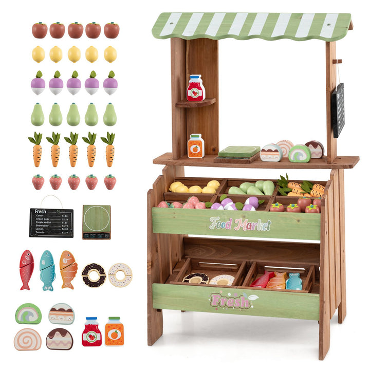 Wooden Pretend Grocery Stand with 43 Accessories, Rustic Brown / Green / White, view 4