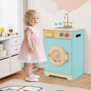 Wooden Pretend Washing Machine with Sink and Toy Bottles – Blue, view 1