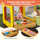 Storage benches and two removable tubs beside the sand area