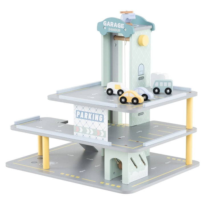 Wooden Toy Parking Garage with Lift and Helipad – garage with four cars and helicopter