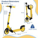 Yellow Folding Kick Scooter with Light-Up Wheels – three handlebar heights and folded dimensions