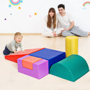 Red-combination six-piece foam play set with a child and adults in a playroom