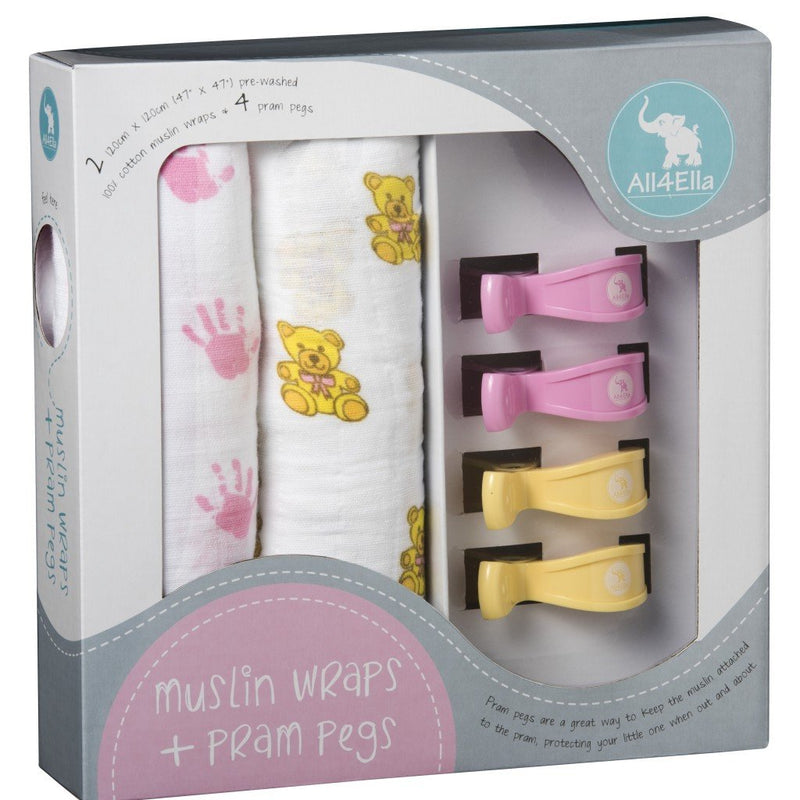 All4Ella 2 Pack Muslin Wraps & 4 Pram Pegs - Pink Hands & Teddy